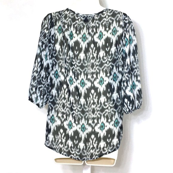 Living Doll Ikat Abstract Print Top Tunic Blouse Shirt M Black Blue White - Picture 7 of 9